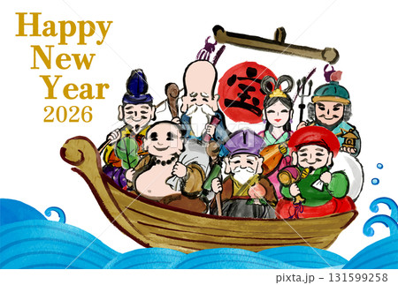 2026年　年賀状用テンプレート　宝船に乗った七福神の手書き和風イラスト入り 131599258