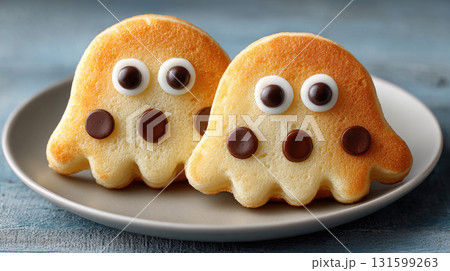Cute ghost shaped pancakes with chocolate eyes and mouth on plate Cute ghost shaped pancakes with chocolate eyes and mouth on plate 131599263