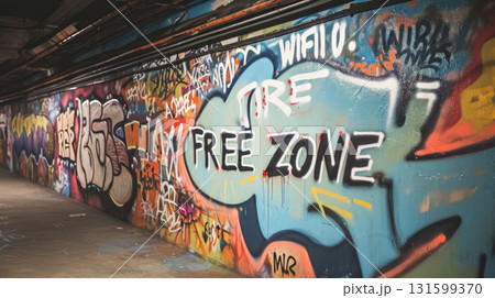 Graffiti wall background with text message FREE ZONE and paint splashes Graffiti wall background with text message FREE ZONE and paint splashes 131599370