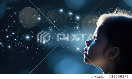 Little girl profile with imaginary world, dreams in her head, stars and space Little girl profile with imaginary world, dreams in her head, stars and space 131599371