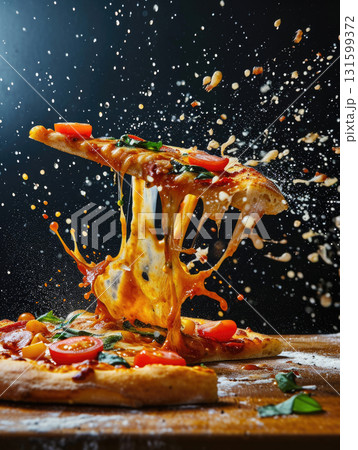 Dramatic capture of cheese pizza slice with toppings flying mid air explosion Dramatic capture of cheese pizza slice with toppings flying mid air explosion 131599372
