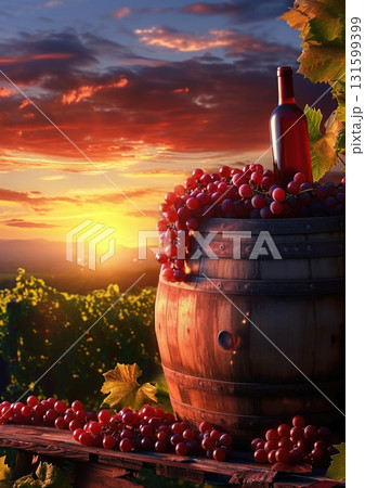 Bottle of white wine beside wooden barrel, grapes against vineyard sunset Bottle of white wine beside wooden barrel, grapes against vineyard sunset 131599399