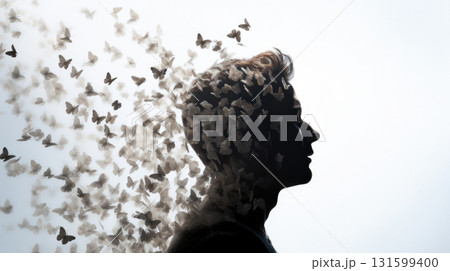 Man profile with butterflies flying from head, concept of mental health Man profile with butterflies flying from head, concept of mental health 131599400