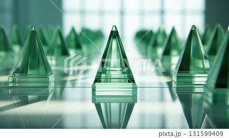 3D abstract background of reflective green glass pyramids with copy space 3D abstract background of reflective green glass pyramids with copy space 131599409