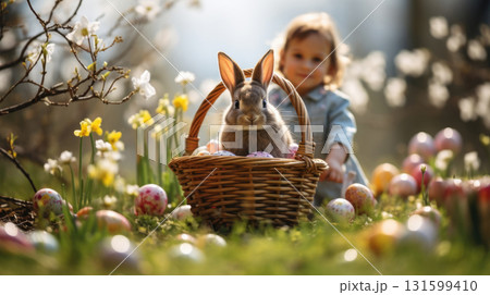 Happy child with basket of colorful Easter eggs and bunny, eggs hunting Happy child with basket of colorful Easter eggs and bunny, eggs hunting 131599410