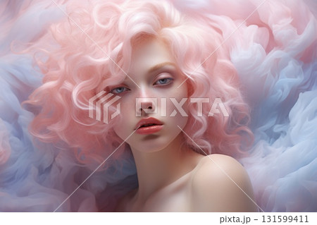 Dreamy portrait of woman with pink cloud like hair, soft pastel colors Dreamy portrait of woman with pink cloud like hair, soft pastel colors 131599411