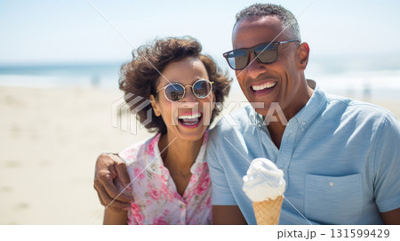 POC Middle age couple enjoying time on beach. Summer holiday, man and woman 131599429