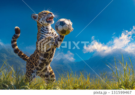 Wild Jaguar Playing with Soccer Ball in Open Meadow Surrounded by Green Hills and Bright Sky in Whimsical Outdoor Composition 131599467