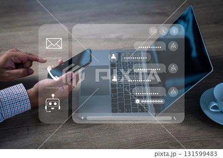 CRM chatbot on smartphone and laptop, automation for customer support and communication, AI assistant with messaging interface, sales service workflow, omnichannel data analytics 131599483