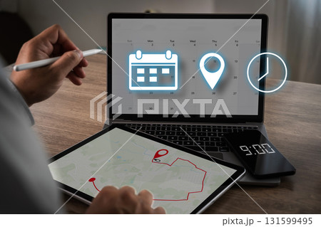 Schedule Calendar Time Planning with Location Clock Icons on Laptop Tablet Smartphone Schedule Calendar Time Planning with Location Clock Icons on Laptop Tablet Smartphone 131599495