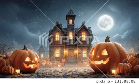 Haunted house with glowing jack o lanterns under full moonlight Haunted house with glowing jack o lanterns under full moonlight 131599509