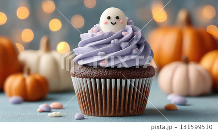 Cute Halloween cupcake with purple frosting and ghost decoration 131599510