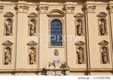 Architectural detail on the pilgrimage Basilica of the Assumption of the Virgin Mary and St. Cyril and Methodius at Velehrad Monastery, Moravia, Czech Republic Architectural detail on the pilgrimage Basilica of the Assumption of the Virgin Mary and St. Cyril and Methodius at Velehrad Monastery, Moravia, Czech Republic 131599706