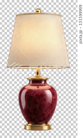 Table lamp with red ceramic base and beige shade glowing warmly 131599909