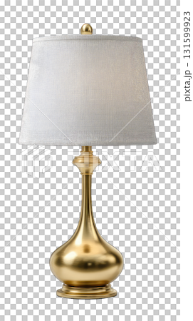 Modern gold table lamp with white fabric shade glowing warmly Modern gold table lamp with white fabric shade glowing warmly 131599923