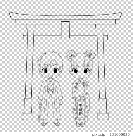 七五三のかわいい男の子と女の子の白黒イラスト 131600020