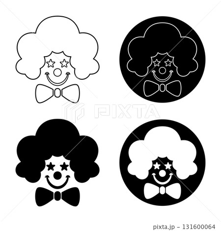 Clown Face Icon Set with Afro Hair and Bow Tie Vector Illustration. Perfect for circus themes, entertainment graphics, childrens party decorations, logos and playful illustrations. Clown Face Icon Set with Afro Hair and Bow Tie Vector Illustration. Perfect for circus themes, entertainment graphics, childrens party decorations, logos and playful illustrations. 131600064