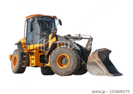 Heavy machinery for rent with isolated view showcasing a loader vehicle with a large bucket Heavy machinery for rent with isolated view showcasing a loader vehicle with a large bucket 131600275