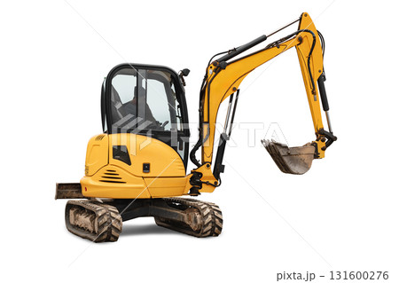 Compact excavator parked on an isolation site ready for rental to assist in construction projects Compact excavator parked on an isolation site ready for rental to assist in construction projects 131600276