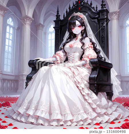聖堂で黒い玉座に座る赤い瞳の妖艶な花嫁。日本の漫画風のAIイラストの
