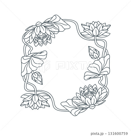 Vintage art nouveau hand drawn monochrome black and white lotus flowers frame vector illustration 131600759