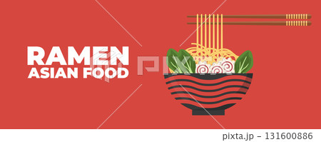 A bowl of ramen soup with chopsticks Asian and Japanese cuisine banner. Perfect for restaurant branding, advertising, menu design, and marketing materials 131600886