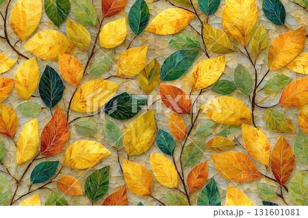 Texture for album cover.  Mosaic of glass pearl multi-colored tiles. Leaf patterns. Top view. 131601081
