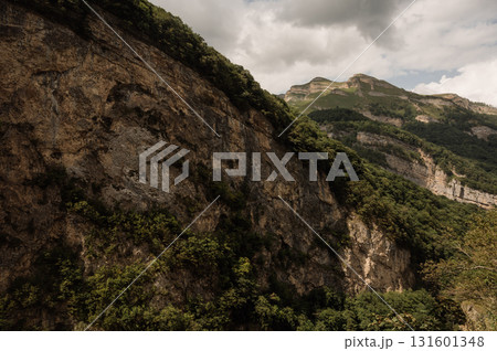 A close-up of a rock wall with vegetation and mountain peaks deep in a canyon A close-up of a rock wall with vegetation and mountain peaks deep in a canyon 131601348