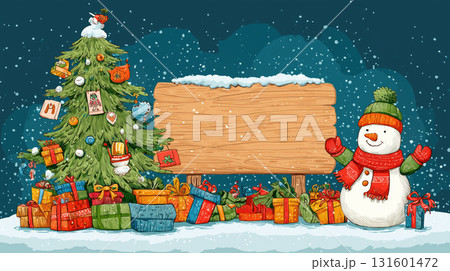 Festive Christmas scene with tree and snowman 131601472