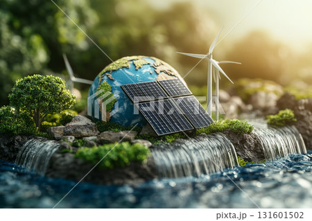 Image of an earth with solar panels, wind turbines and trees on it. Green energy concept 131601502