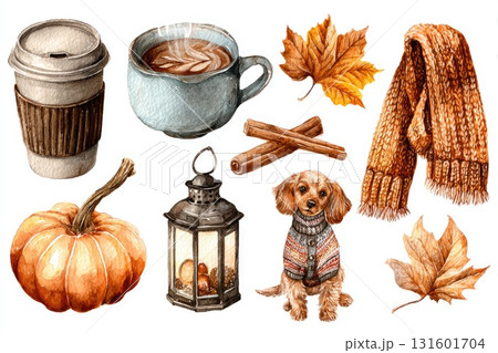 Cozy autumn illustration featuring a warm drink, pumpkin, dog, and seasonal elements Cozy autumn illustration featuring a warm drink, pumpkin, dog, and seasonal elements 131601704