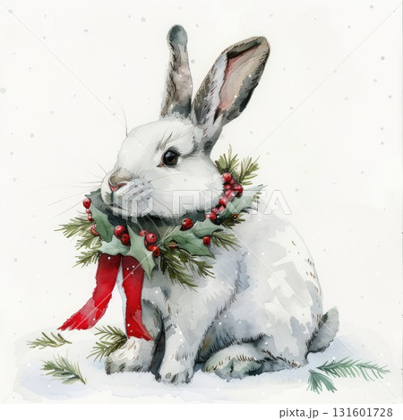 White rabbit wearing a festive wreath with red berries and green foliage in a winter scene 131601728