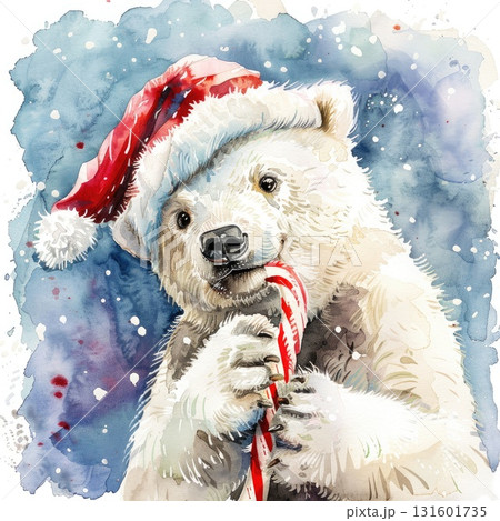 Polar bear wearing a Santa hat joyfully holding a candy cane in a festive winter scene 131601735