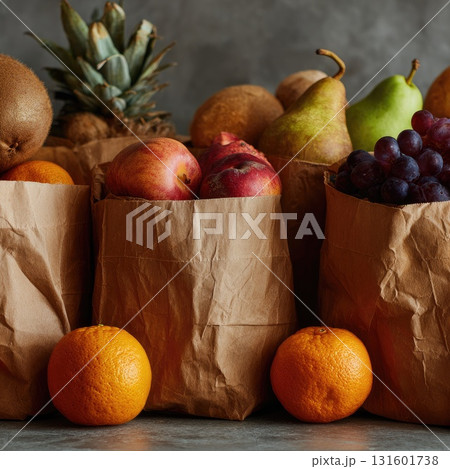 Fresh fruits in paper bags with vibrant colors and textures showcasing healthy eating concept 131601738