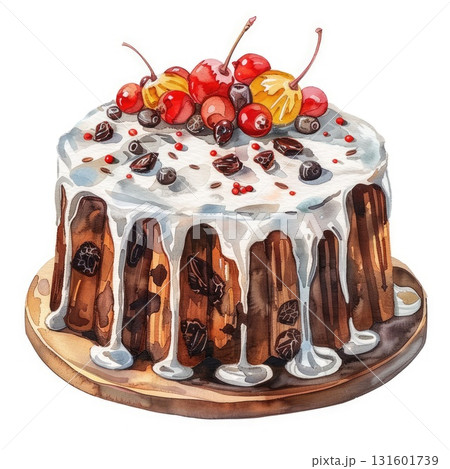 Delicious chocolate cake with creamy frosting and fresh berries on a wooden serving platter Delicious chocolate cake with creamy frosting and fresh berries on a wooden serving platter 131601739