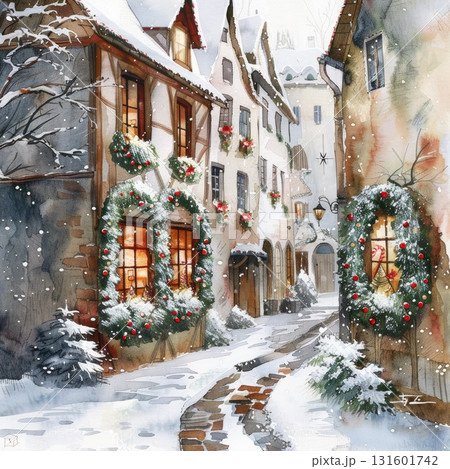 Winter street scene with snow-covered houses and festive decorations in a charming village Winter street scene with snow-covered houses and festive decorations in a charming village 131601742