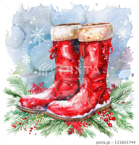 Red winter boots illustration with snowflakes and pine branches for festive holiday themes Red winter boots illustration with snowflakes and pine branches for festive holiday themes 131601744