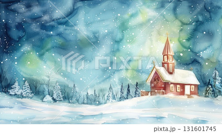Winter landscape featuring a cozy red church surrounded by snow-covered trees and a starry sky Winter landscape featuring a cozy red church surrounded by snow-covered trees and a starry sky 131601745