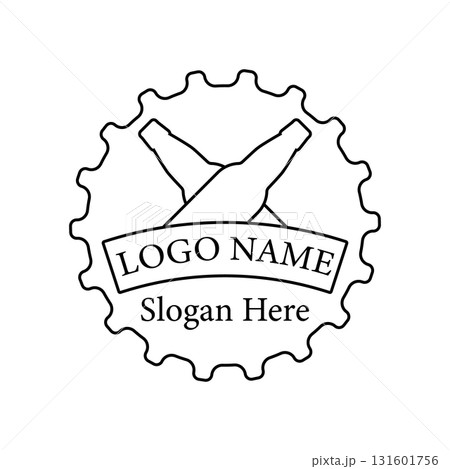 Beer bottle logo design on big beer cap background. Two crossed beer bottles and banner with text. Isolated vector illustration. 131601756