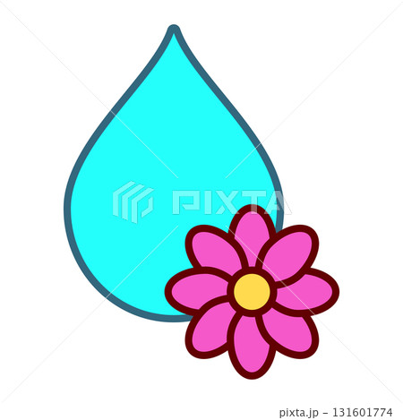 Pink flower with blue drop. Vector logo and icon. Isolated illustration on white background. 131601774