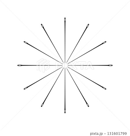 Set of thin sewing needles round ornament. Template for design. Vector illustration and drawing on white background. Set of thin sewing needles round ornament. Template for design. Vector illustration and drawing on white background. 131601799