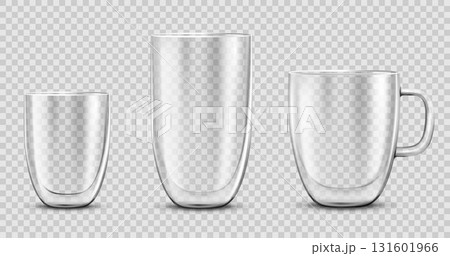 Glass empty coffee cup, isolated on transparent background. Double walled glass mug with hot drink, cappuccino or latte. Mockup for brand advertising.Vector 3d realistic illustration 131601966
