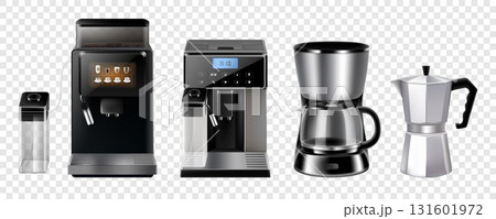 Coffee maker machines, cafe and barista brewing tools, vector 3d realistic set. Coffee makers and machines, espresso drip pot, french press and filter kettle, coffee grinder 131601972