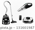 Set of realistic vacuum cleaners of various types isolated on white background, 3d vector illustration. Hand car vacuum cleaner, robotic vacuum cleaner 131601987