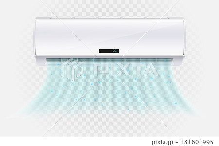 Air conditioner with cold wind waves . Air conditioner with flows of cold air. Electronic modern appliance for controlling temperature and climate in room, realistic 3d vector illustration 131601995