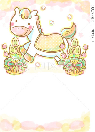 水彩風パステルのかわいい馬(干支)のイラスト年賀状テンプレート 門松付き(コピースペースあり) 水彩風パステルのかわいい馬(干支)のイラスト年賀状テンプレート 門松付き(コピースペースあり) 131602550