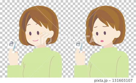 Two illustrations of a woman wearing an SpO2 sensor on her index finger (smiling and unwell) 131603107