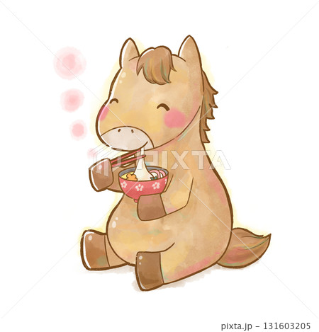 かわいい水彩風の馬が笑顔でお雑煮を食べているキャラクターイラスト（お正月・年賀・透過） 131603205