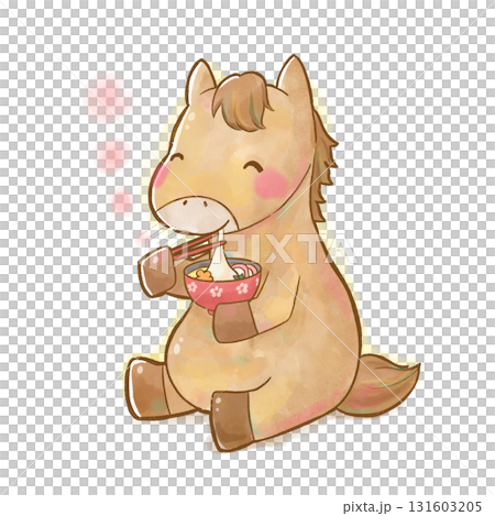 かわいい水彩風の馬が笑顔でお雑煮を食べているキャラクターイラスト（お正月・年賀・透過） 131603205