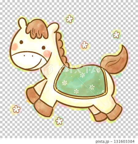 可愛的白馬水彩插圖（自然色，新年賀卡） 131603384